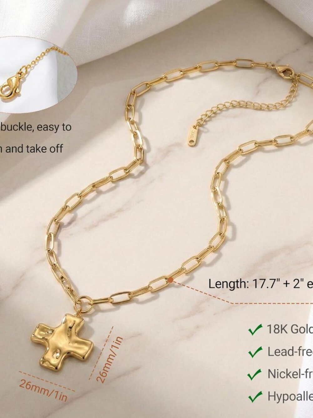 Chunky Gold Cross Necklace for Women 18k Gold Plated Stainless Steel Hammered Cr - Picture 4 of 7